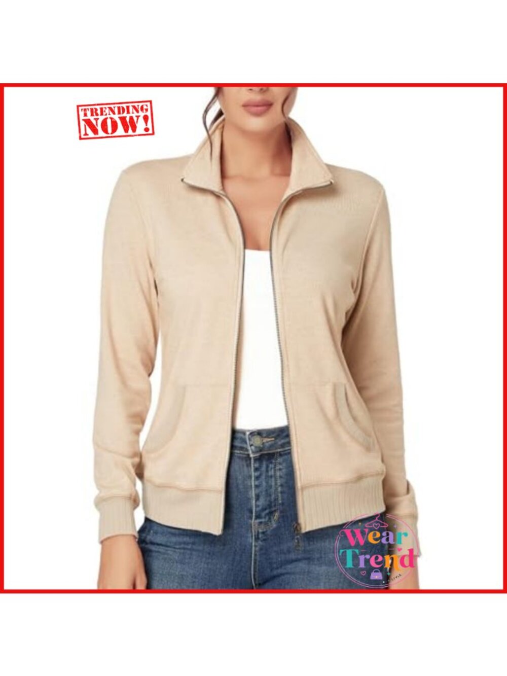 Zip Up Track Jacket Stand Collar Long Sleeve Athletic Running with Pockets